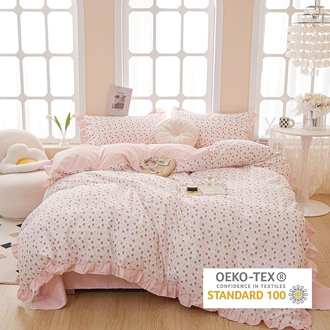 EAVD French Style Garden Pink Floral Comforter Set Queen Girls Fluffy Soft Microfiber Chic Shabby Floral Bedding Set with 2 Pillowcases Fresh Ruffled Botanical Comforter Set for All-Season