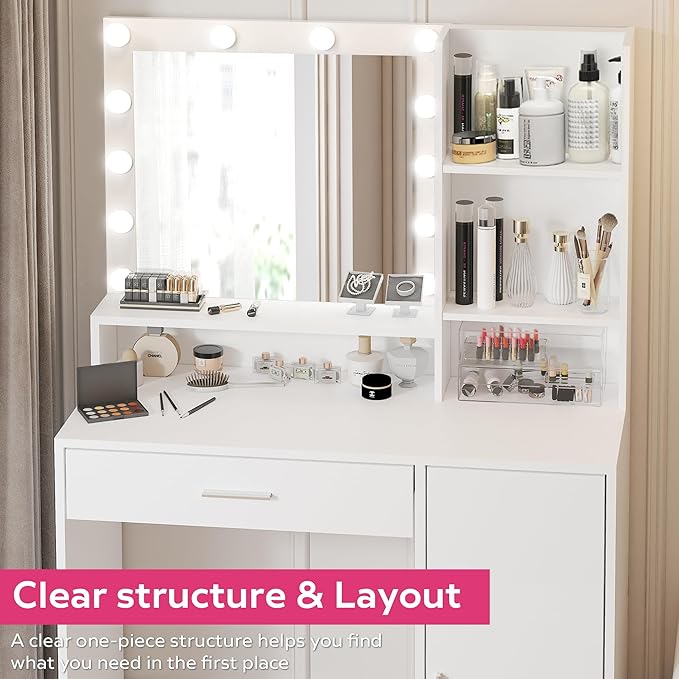 Vanity Desk with Mirror and Light, Large Drawer and Three Level Storage Dresser, 3 Lighting Modes Adjustable Brightness, Bedroom Dressing Table (White)