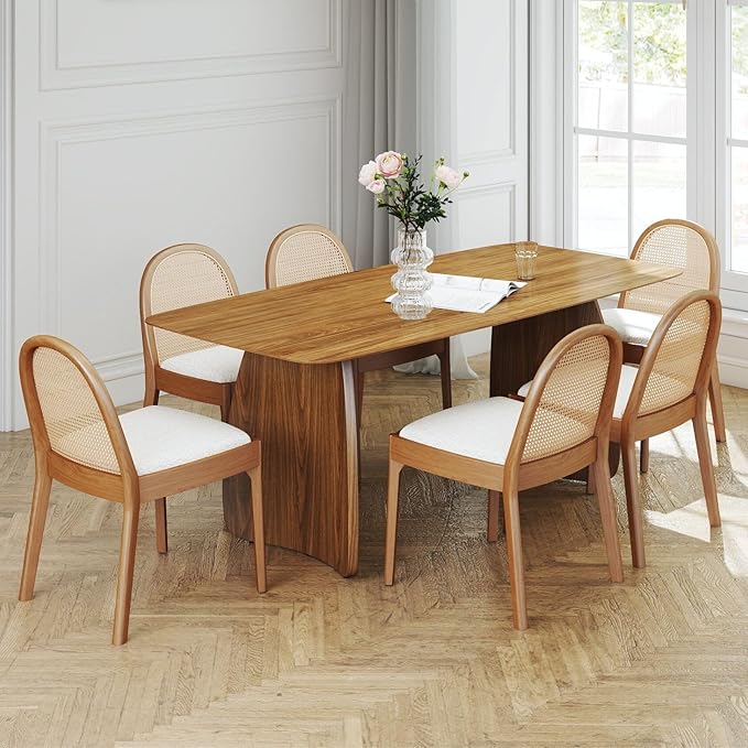 LukeAlon Modern Sherpa Dining Chairs Set of 6, Natural Woven Rattan Cane Back Side Chairs with Solid Wood Legs Mid Century Dinner Chairs for Kitchen Living Room, White