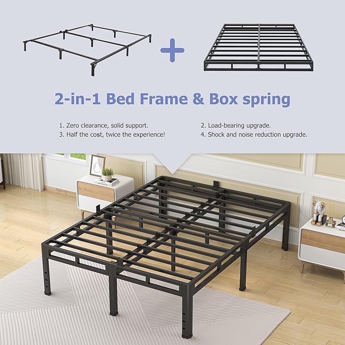 NKZ 22 Inch Queen Size Bed Frame, Metal Bed Frame & Box Spring 2 in 1 Platform with Round Corner Legs, 4000Lbs Heavy Duty Metal Frame, Mattress Slide Stopper, Headboard Hole, Noise-Free, Easy Assembly