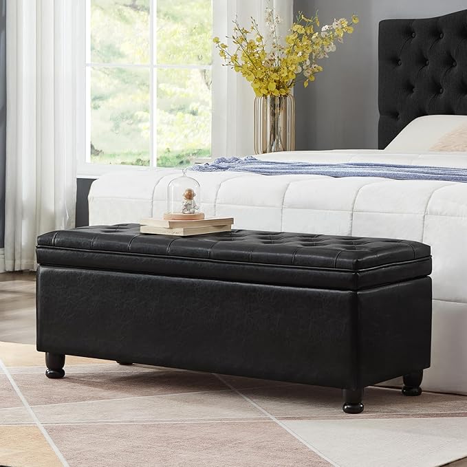 mikibama PU Leather Storage Bench for Bedroom End of Bed,45" Long Tufted Bed Bench with Storage,Modern Mid Century Storage Ottoman Bench for Window,Entryway,Living Room Solid Wood Legs (Black PU 45")