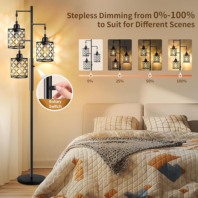 【Upgraded】72" Tall Dimmable Floor Lamp, Farmhouse Standing Lamp with Elegant Metal Cages, Industrial Tree Floor Lamps for Living Room, Bedroom, Study Room, Office (3 x 800LM LED Bulbs Included) -Black