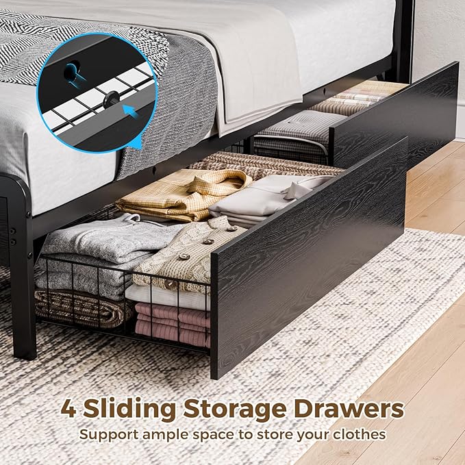 Bed Frame Full Size with Charging Station and LED Lights, Upholstered Storage Headboard with 4 Drawers, Heavy Duty Metal Slats, Noise Free, Easy Assembly, No Box Spring Needed