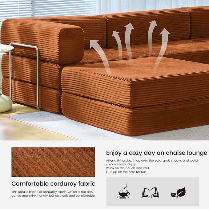 Folding Sofa Bed Convertable Corduroy Couch King Size Floor Sleeper 4-in-1 DIY Combination Modular Sofa Fold Out Futon Lounge Comfy Foldable Lazy cama for Living Room (Orange)