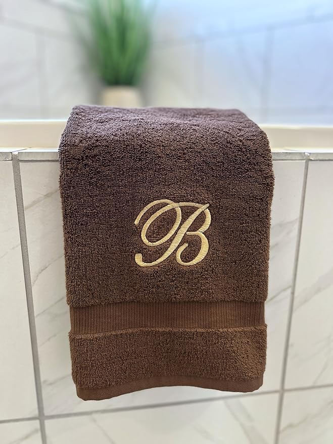 Brown Monogrammed Hand Towels for Bathroom - Luxury Hotel Quality Personalized Initial Embroidered Towel for Powder Room, Spa - GOTS Organic Certified - Set of 2 Beige Letter E