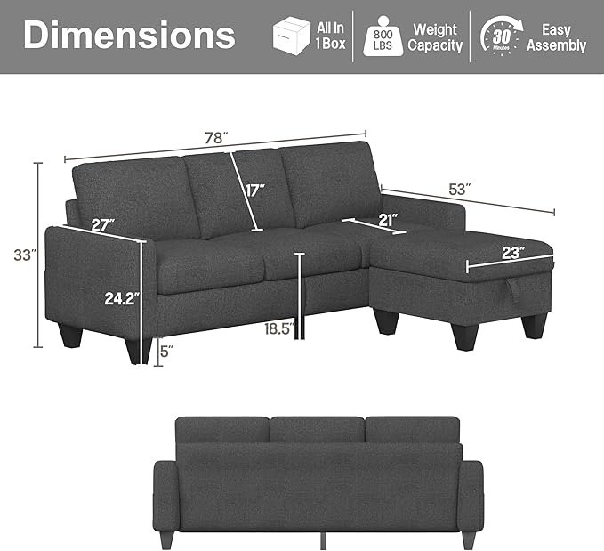 ZeeFu Couch for Living Room - 78'' Beige Linen 3 Seat L-Shaped Sectional Sofa Couches with Storage Ottoman - Modern Small Space Upholstered Furniture Sofa Set for Office Small Space Apartment Bedroom