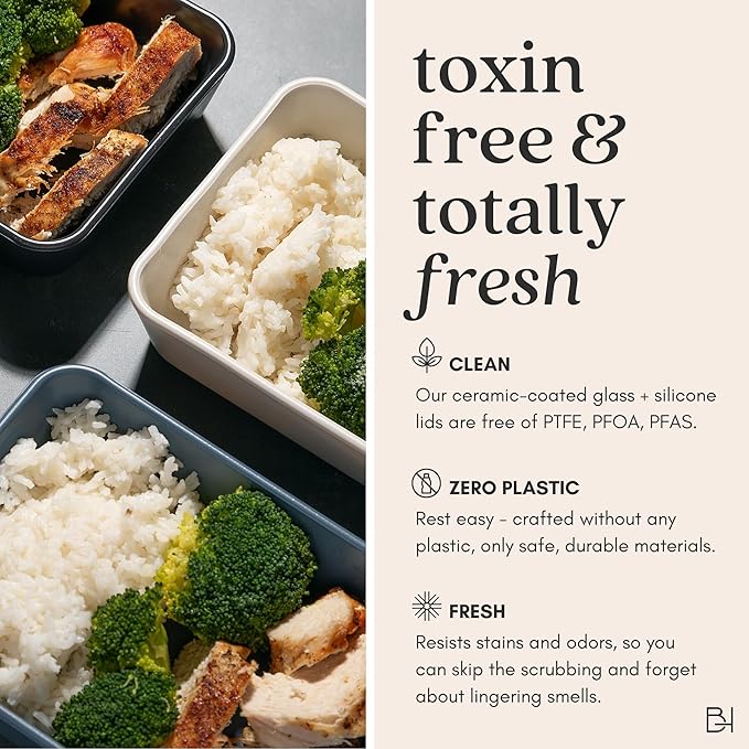 Ceramic Coated Glass Food Storage Container | No PTFE, PFOA, PFAS, and BPA | Reusable Non Toxic Meal Prep Container with Glass Lid | Easy To Store | 6 Cup Rectangle [Onyx]