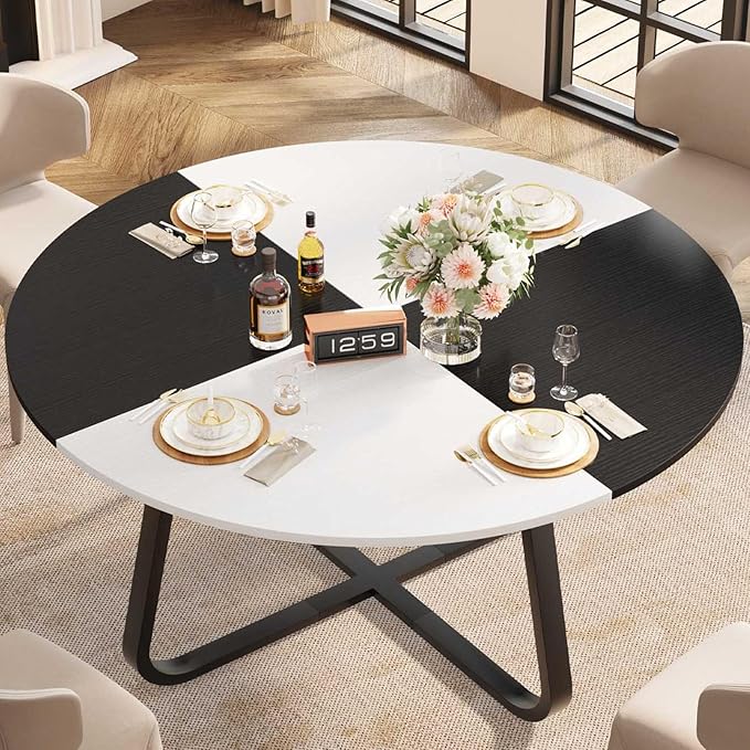 LVB Round Dining Table, Modern Wood Metal Kitchen Table, Industrial Small Dinner Room Table for 4 to 6 People, White and Black Oak, 42 Inch