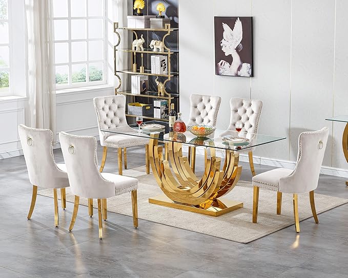 7 Piece Dining Table Set with 6 Beige Dining Chairs, Modern Glass Kitchen Table and Chairs Set for 6, 70" Rectangle Gold Glass Pedestal Dining Room Tables with Ring-Shape Stainless Steel Base
