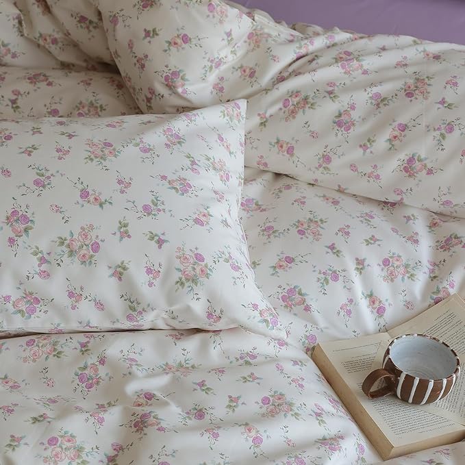 EAVD Girls Pink Purple Floral Comforter Set Twin XL Soft Microfiber Chic Shabby Garden Floral Bedding Set with 2 Pillowcases Fresh Cute Botanical Comforter Set for All-Season