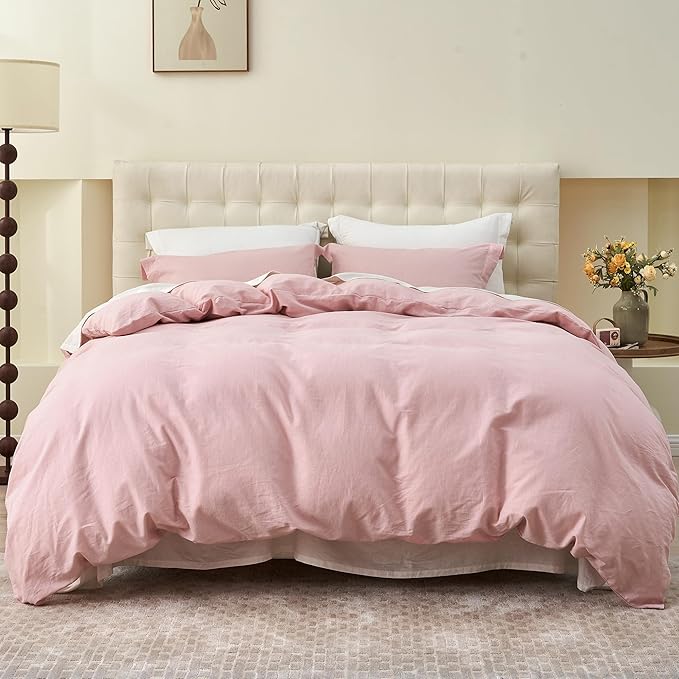 Simple&Opulence French Linen Duvet Cover Set 88" x 92"- 3 Pieces (1 Comforter Cover,2 Pillowcases)- Natural Flax Cotton Blend-Solid Color Breathable Farmhouse Bedding- Pale Pink, Queen
