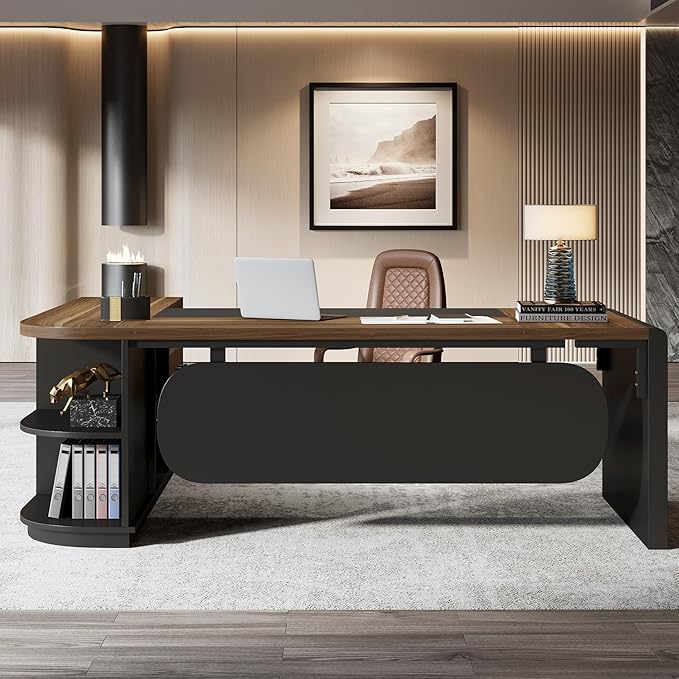 Tribesigns 80'' L-Shaped Desk, Large Executive Office Desk with 55'' Drawers Cabinet, Modern Commercial Office Table with Storage Shelves, Business Furniture for Home Office, Brown & Black