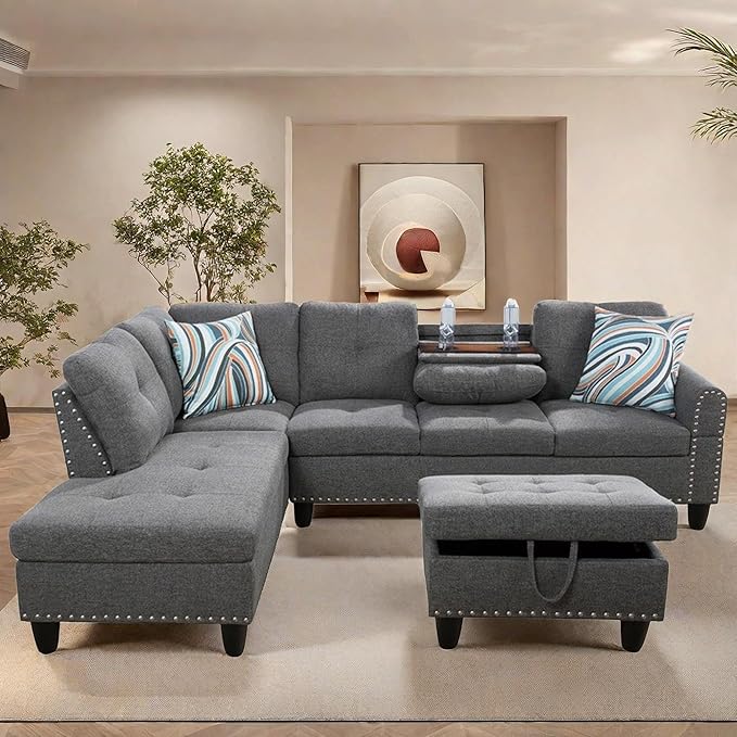 Large Storage Ottoman Sectional Sofa, L-Shaped Couch with Reversible Chaise, Space Saving Design, Gray Fabric with Accent Pillows. (Light Gray)