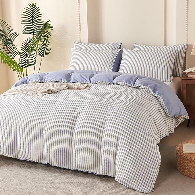 Striped Comforter Queen Blue Soft Luxury Washed Microfiber Jacquard 3 Pieces Bedding, White Blue Vertical Ticking Stripes Pattern Comforter with 2 Pillowcases Breathable Durable Comfy