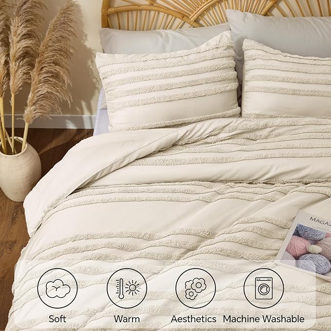 BEDELITE Boho Comforter Set Queen Size, Beige Tufted Striped Bed Set 3 Pieces, Soft Vintage Farmhouse Comforter for All Seasons, Boho Home Decor,Fluffy Jacquard Bedding with 2 Pillow Shams