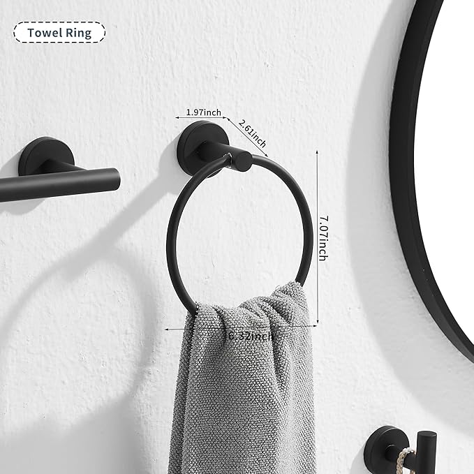 GGStudy Matte Black Towel Ring Hand Towel Holder for Bathroom Solid SUS 304 Stainless Steel, Kitchen Bath Towel Holder Hangers Heavy Duty Storage Round Wall Mount