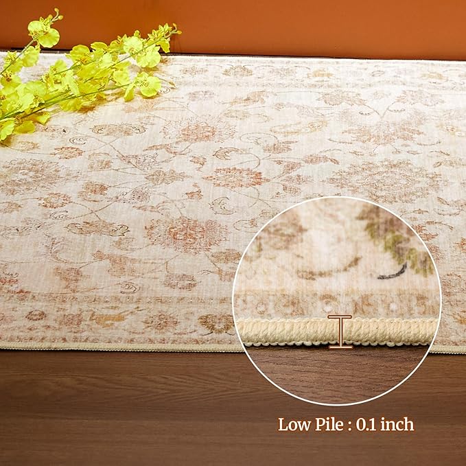 5x7 Soft Washable Area Rugs for Living Room and Bedroom, Non-Slip Stain Resistant Indoor Carpet, Cozy Floor Mat for Dining Room, Office, Under TableStain Resistant Persian Beige Floral