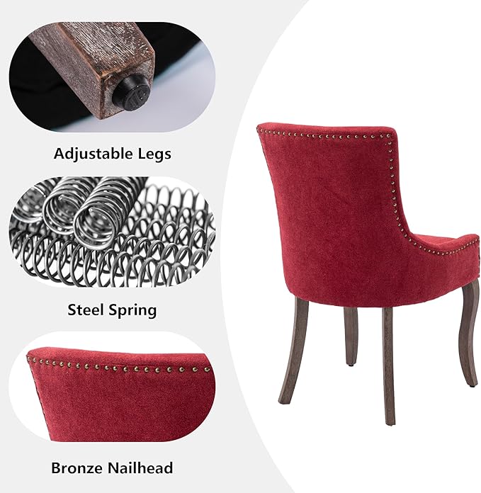 Farmhouse Dining Chairs Set of 6, Upholstered Fabric Dining Room Accent Chairs with Wood Legs & Bronze Nailhead, High Wingback Kitchen Chairs for Living Room Hotel Apartment, Burgundy