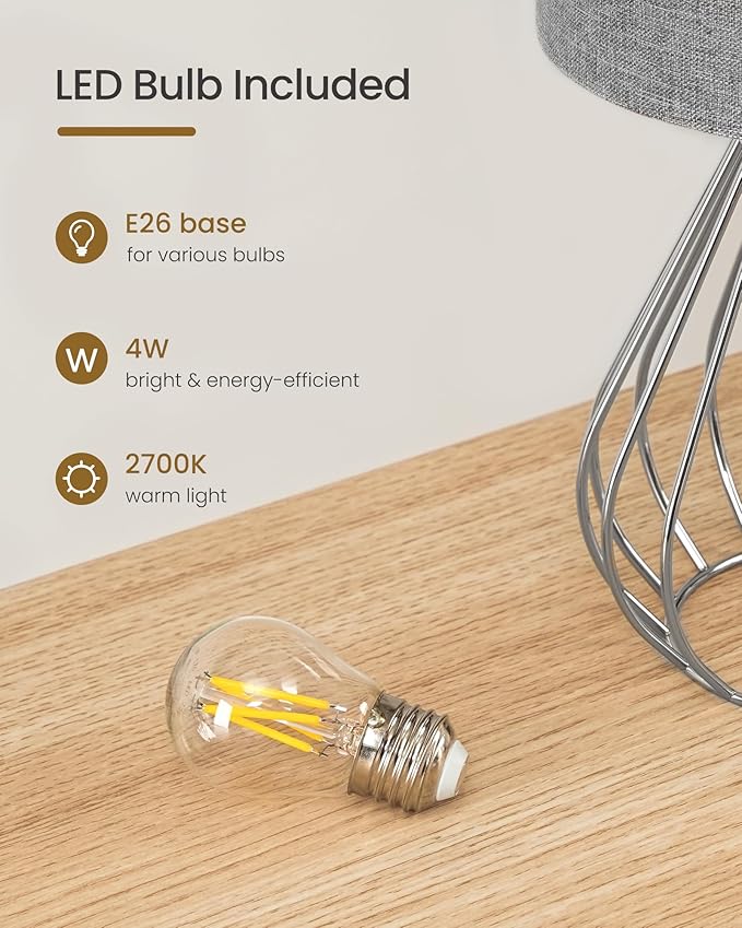 Small Table Lamp, Bedside Lamp with Grey Linen Lampshade & Silver Metal Base, Modern Nightstand Lamp, Little Cute Desk Lamp for Bedroom, Living Room, 2700K LED Bulb Included, SH06TL05