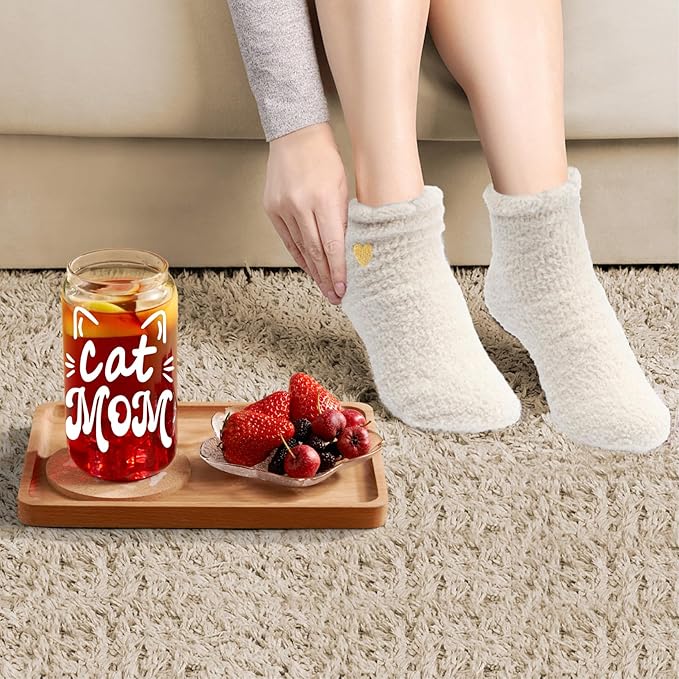 Cat Mom Gifts for Women Mothers Day Crazy Cat Lady Coffee Glass Cup with Lid Straw, Fur Lovers Owners Christmas Gifts for Daughter, Sister, Aunt, Best Friends, BFF - Including Straw Cap, Cozy Socks