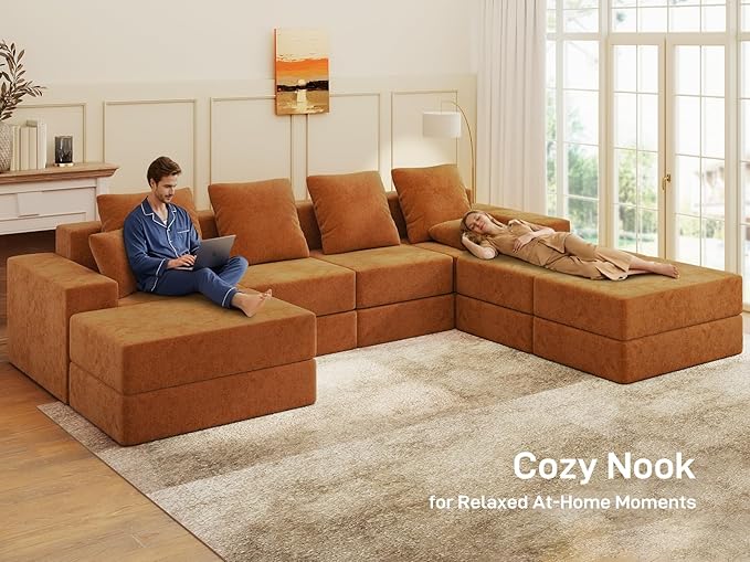 Living&Giving 128" U-Shaped Cloud Sectional Couch for Living Room, Cloud Boneless Couch-No Assembly with Reversible Chaise, Customizable 4-Seat Modular Sectional Sofa with 3 Ottoman, Orange