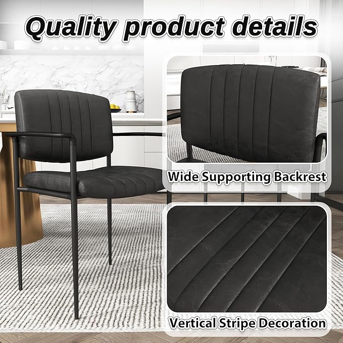 Mid-Century Modern PU Leather Dining Chairs Set of 6, Upholstered Kitchen Chairs with Arms and Metal Legs Adjustable Feet for Kitchen Dining Room(Black)