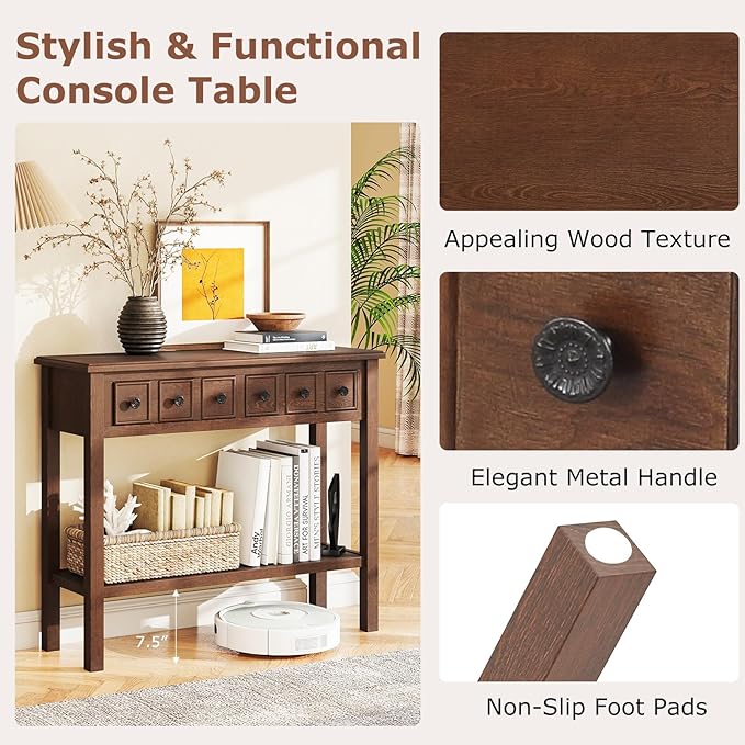 Giantex 2-Tier Narrow Console Table, 38" Retro Entryway Table with 2 Drawers and Open Storage Shelf, Wood Accent Sofa Tables for Living Room, Foyer, Hallway, Bedroom, Entrance