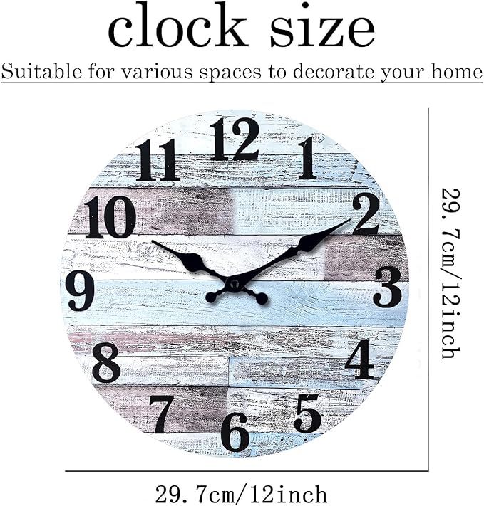 XNM Blue Wood Wall Clocks for Living Room Decor Farmhouse Wall Clocks Battery Operated 12 Inch Analog Rustic Wall Clock Silent (MDF No Solid Wood)