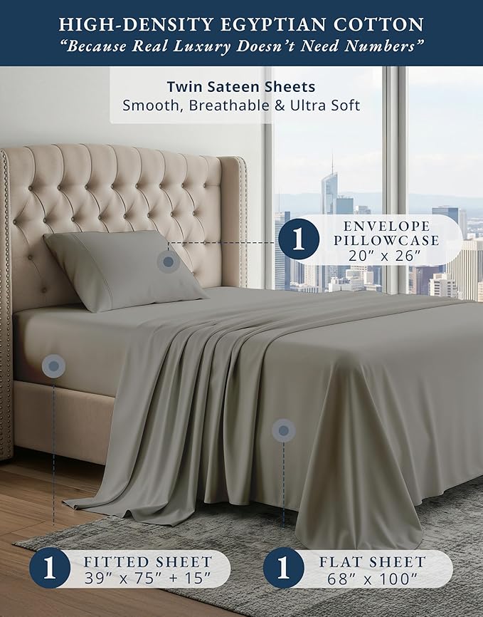 LANE LINEN 100% Egyptian Twin Bed Sheets Cotton, Soft & Comfy No Pill Fade Resistant Natural Cooling Mercerized Cotton Twin Size Sheets 15" Deep Pocket - Charcoal