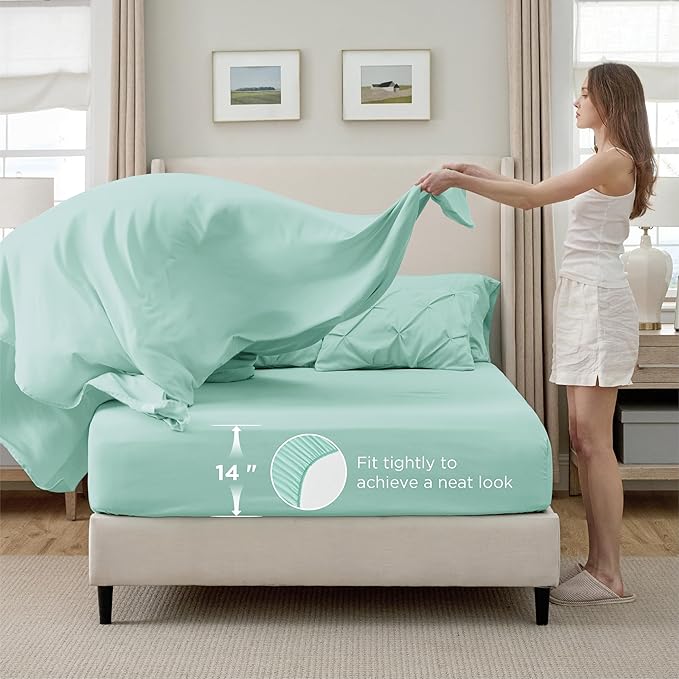 Bedsure King Size Comforter Set Mint Green - Bed in a Bag Bedding Set 7 Pieces, GentleSoft™ Pintuck Bed Set Gift for Family, Pinch Pleat Mint Green Comforter with Sheets, Pillowcases & Shams