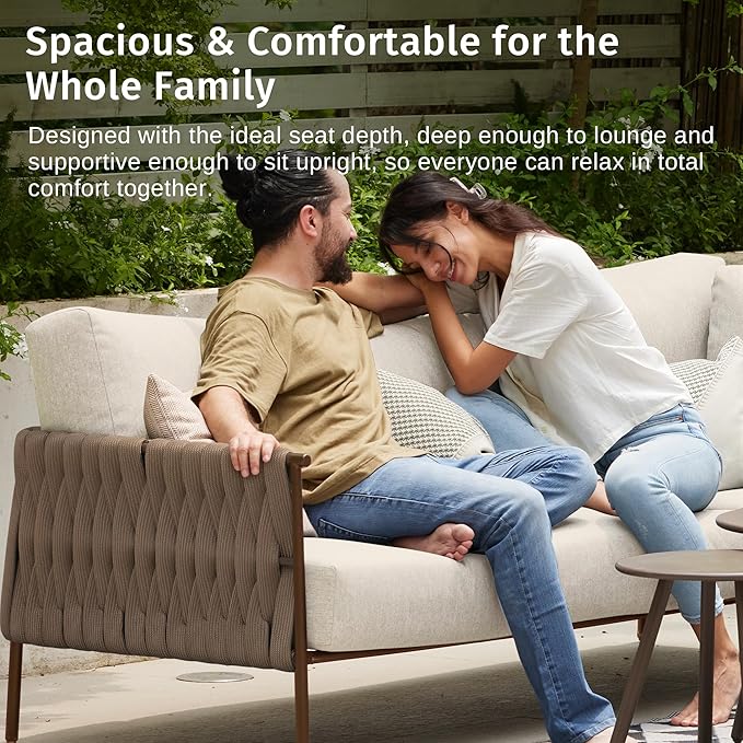 East Oak Life Chatter Outdoor Patio Furniture | Outdoor Sofa 3 Seats with Waterproof Thick Cushions | Deep Seating Modern Patio Sofa for Garden, Porch, Balcony & Backyard | Chestnut & Apricot