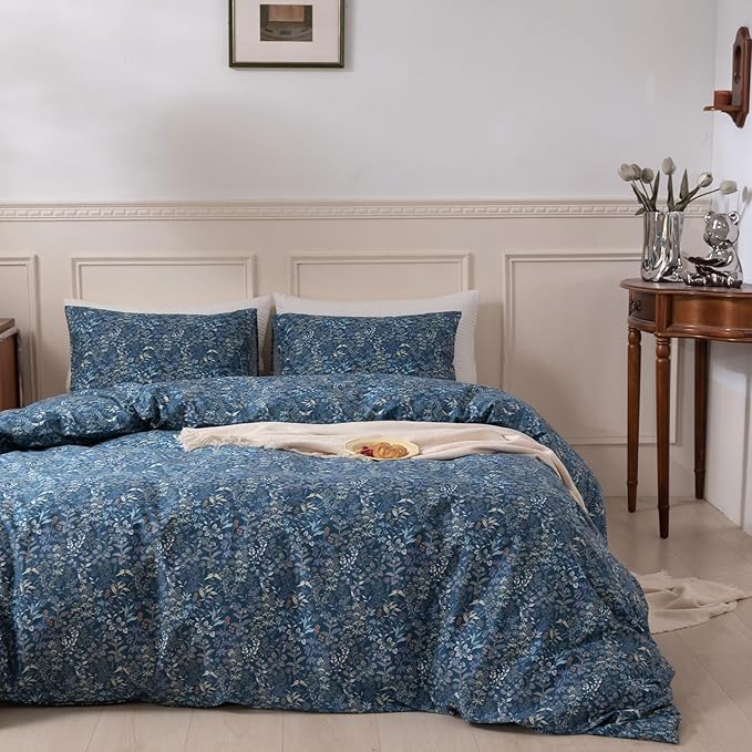 EAVD Full Comforter Set Blue Floral Comforter Set Fluffy Soft Microfiber Cottagecore Bedding Set with 2 Pillowcases Vintage Style Botanical Comforter Set for All-Season