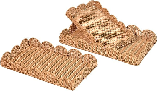 happimess TRY2001A-3SET Parker Southwestern Cottage Resin Scalloped Rectangular Decorative Serving Trays, Brown (Set of 3) for Storage and Decoration in Bathroom, Bedroom, Living Room