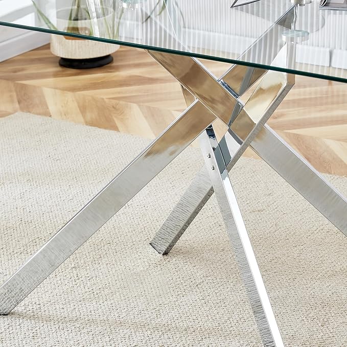 Goujxcy 5 Piece Glass Dining Table Set Modern Glass Dining Table Set for 4, 51" Rectangular Kitchen Table and 4 Velvet Upholstered Chairs for Kitchen Dining Room, Silver Table & Blue Chair