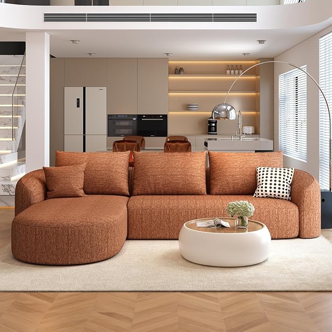 111" Modular Sectional Couches Luxury Modern Curved Back Sofa,Minimalist Comfy L-Shape Boneless Cloud Couch for Living Room Apartment,(Left Facing Chaise,Orange)
