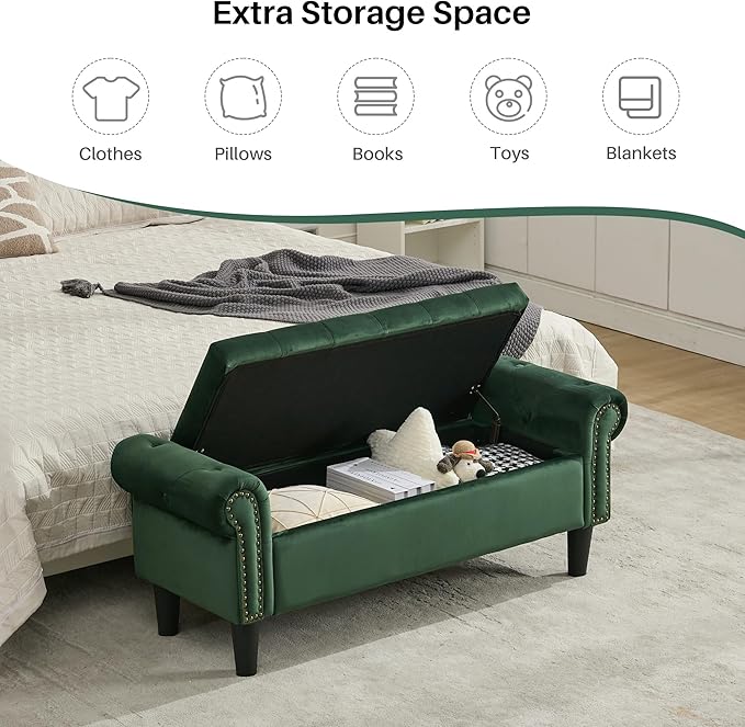 Storage Bench, 50" Queen End of Bed Bench, Velvet Tufted Button Upholstered Bedroom Bench, Storage Ottoman with Rolled Arms, Window Bench with Storage, for Living Room, Entryway Green