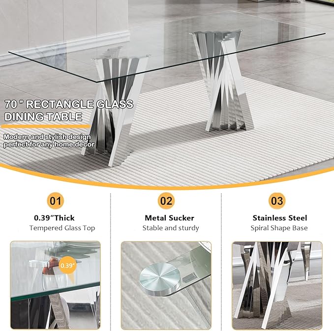 Goujxcy 70" Glass Dining Table Set for 8, Modern Silver Dining Table Set with 8 Grey Velvet Upholstered Dining Chairs, 9 Piece Kitchen Dining Room Table Set with Stainless Steel Legs