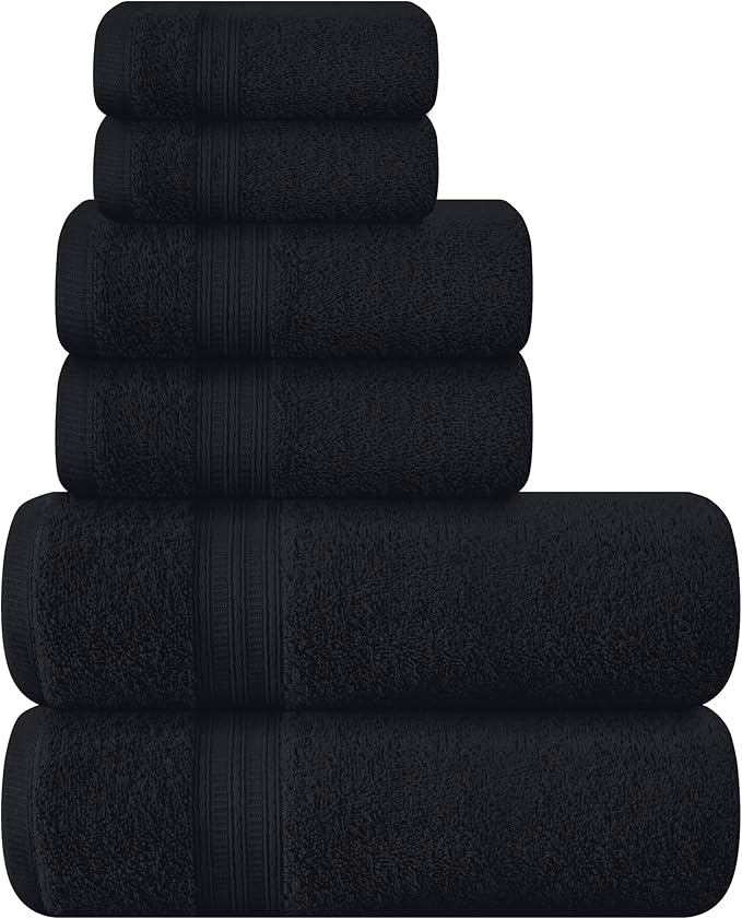 BOUTIQUO 6 Pack Cotton Towel Set, Contains 2 Bath Towels 27x54 inch, 2 Hand Towels 16x24 inch & 2 Wash Coths 12x12 inch, Ideal Everyday use, Ultra Soft Compact & Lightweight - Black