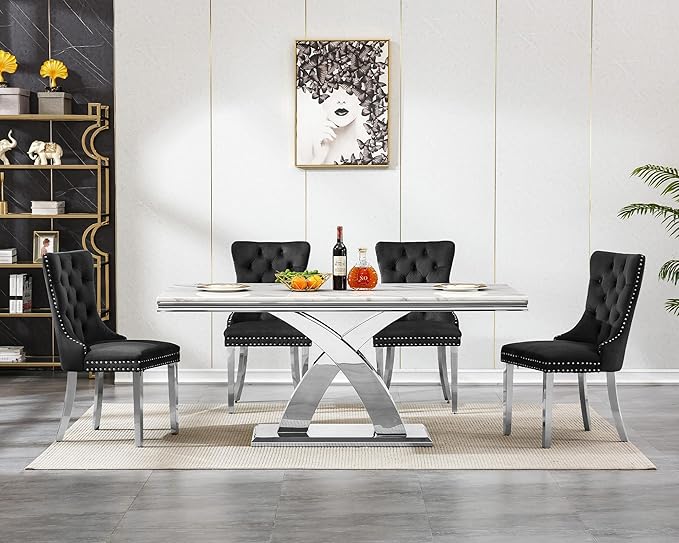 Goujxcy 5-Piece Dining Table Set Modern Faux Marble Dining Table Set for 4, Luxury 68" Long Faux Marble Kitchen Table with 4 Velvet Upholstered Chairs, Mirrored Stainless Steel Base