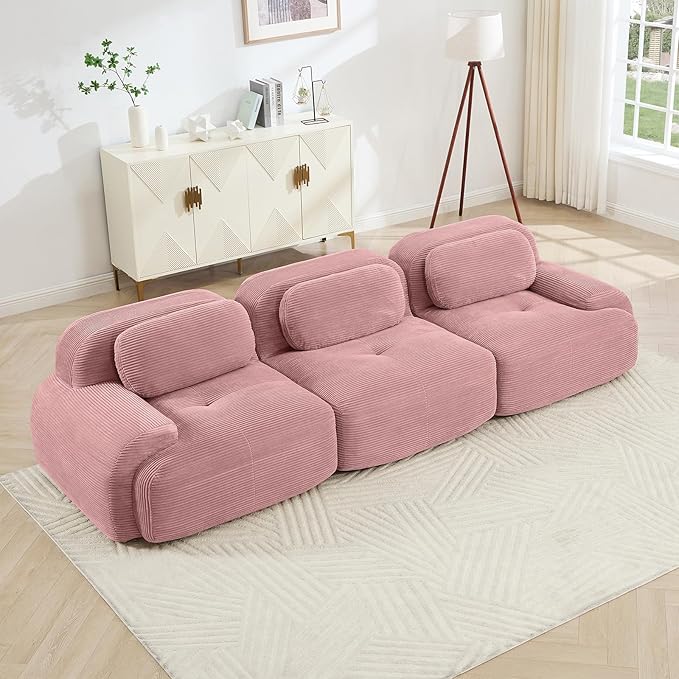 116" Modern Compressed Boneless Couch, 3 Seater Sectional Couches for Living Room, Pink Corduroy Cloud Modular Sectional Sofa, Comfy Memory Foam, Extra Deep, Sofas para Sala, No Assembly