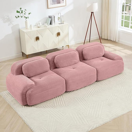 116" Modern Compressed Boneless Couch, 3 Seater Sectional Couches for Living Room, Pink Corduroy Cloud Modular Sectional Sofa, Comfy Memory Foam, Extra Deep, Sofas para Sala, No Assembly