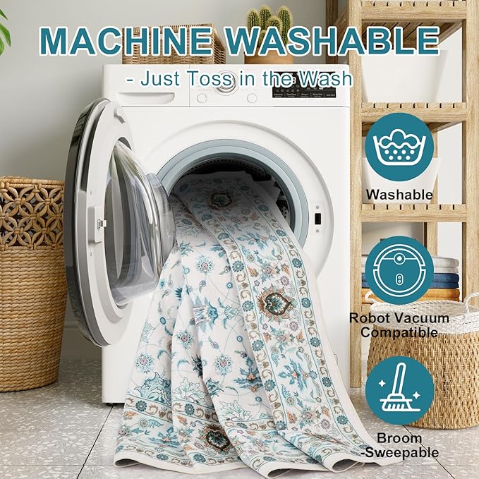 WILLSUN Washable Area Rugs, 2x3 Non-Slip Boho Small Area Rugs for Entryway, Kitchen, Bathroom, Machine Washable Vintage Rug, Indoor Floral Print Carpet for Home Decor, Kid & Pet Friendly Mat