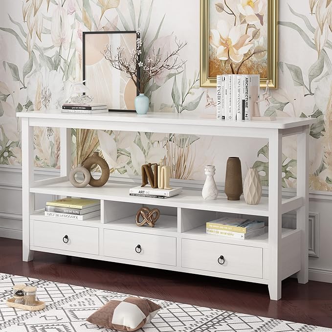 Karl home Console Table with 3 Bottom Drawers, 57.9" W Sofa Side Table Entryway Desk with 3 Storage Cubbies 1 Open Shelf, Vintage TV Stand for Hallway Living Room Office, White 29.9" H