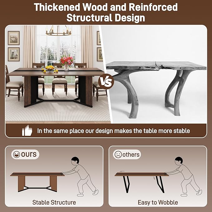 71 inch Dining Table for 4 5 6 | Modern Brown and Black Rectangular Kitchen Table W/Waterproof Wood Tabletop,Farmhouse Long Dining Room Tables W/Adjustable Legs&Wood Strip Base for Kitchen Living Room