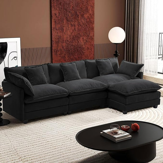 Ihanherry 111.4" L Shaped Modern Sofa Modular Sectional Cloud Couch with Ottoman, 4-Seat Chenille Deep Seat Sofa with Pillow for Living Room, Bedroom and Apartment, Black