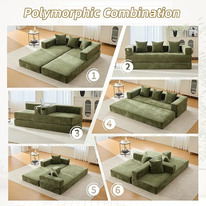 Comfy Convertible Folding Mattress Couch, Floor Sofa Bed, Chenille Floor Sofa with Armrest, Floor Sofa Lounge Couch for Living Room Bedroom Lounge Studio-Green