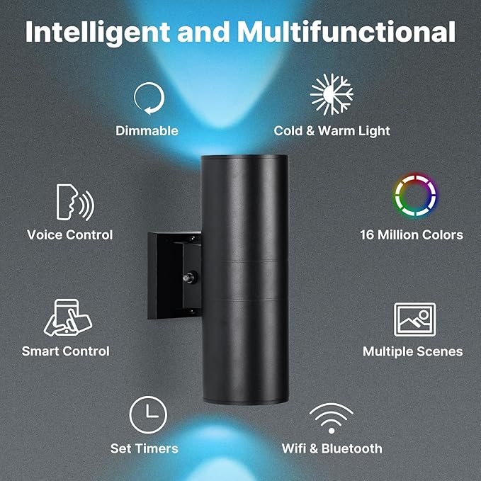 RGBCW Outdoor Wall Light 6 Pack, Smart Porch Light Dusk to Dawn Lighting with Remote Control, WiFi Outdoor Wall Sconce, Compatible with Alexa, Exterior Lights for House Porch Garage