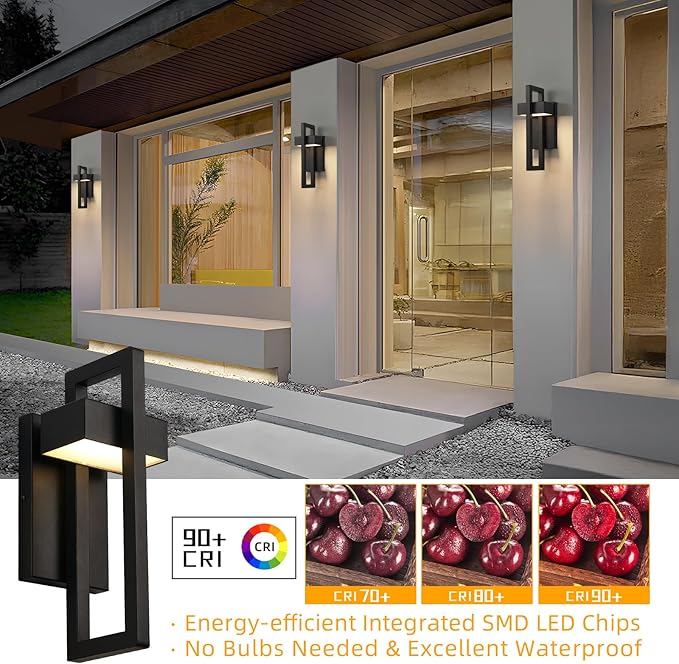 tewei LED Outdoor Wall Sconce Modern Exterior Lighting Fixtures, Matte Black Outdoor Front Porch Lights LED Outside Wall Mount Lights for House, Hallway, Warm White 3000K, 2 Pack
