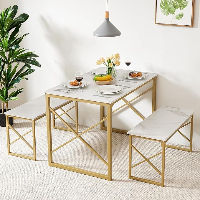VECELO Kitchen Dining Table Benches Set for 4, 43.3" Wooden Dinette with 2 Benches, Heavy-Duty Dining Room Table for Small Space, Breakfast Nook, Gold