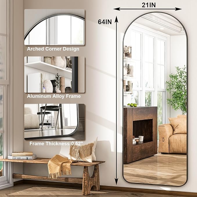 HARRITPURE Arched Full Length Mirror - 64"x21" Large Floor Standing Mirror, Aluminum Frame Dressing Mirrors with Stand for Bedroom/Living Room Wall Mounted, Black